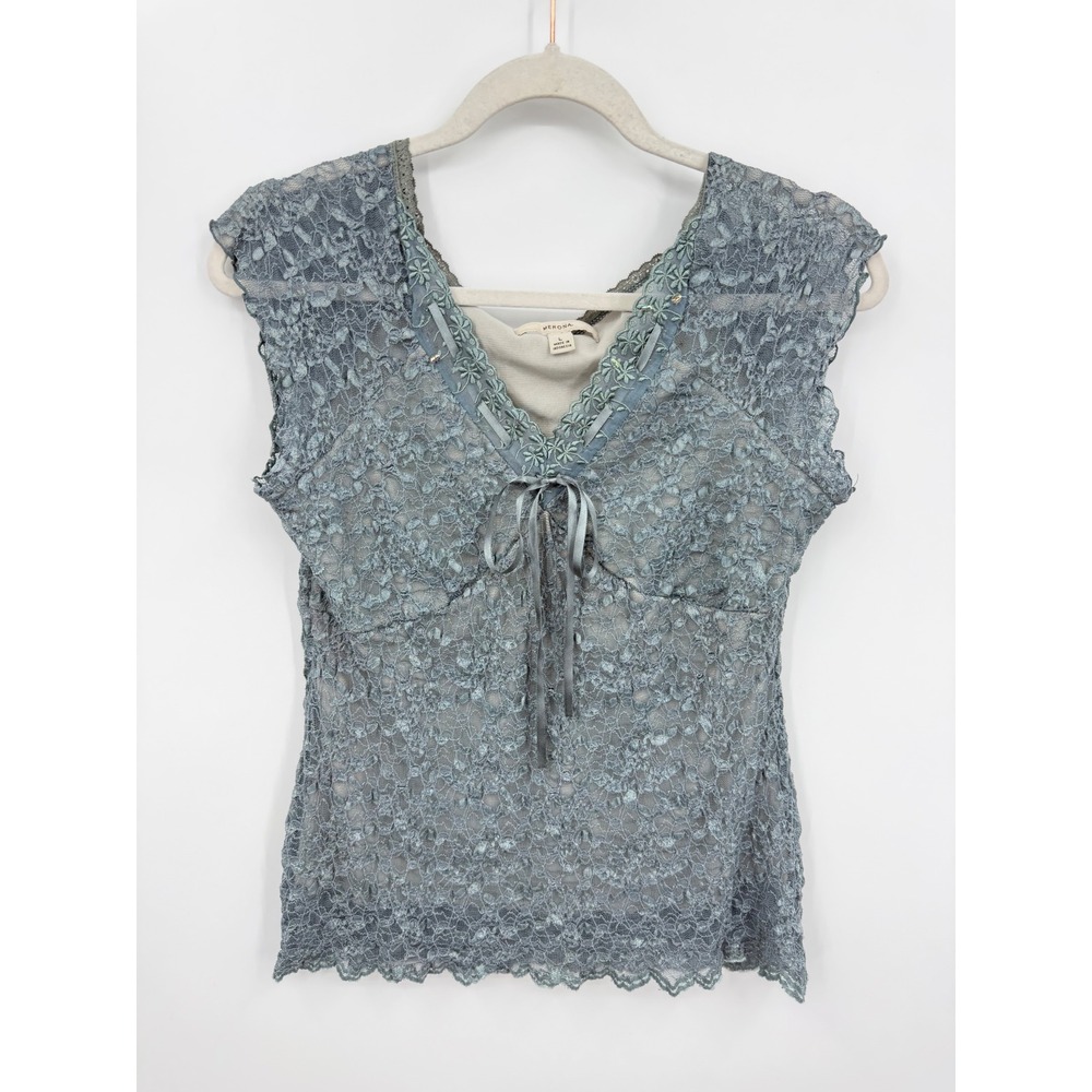 Merona Lace V-Neck Blouse Women Size L Blue Grey Floral Embroidered Cap Sleeve‎
